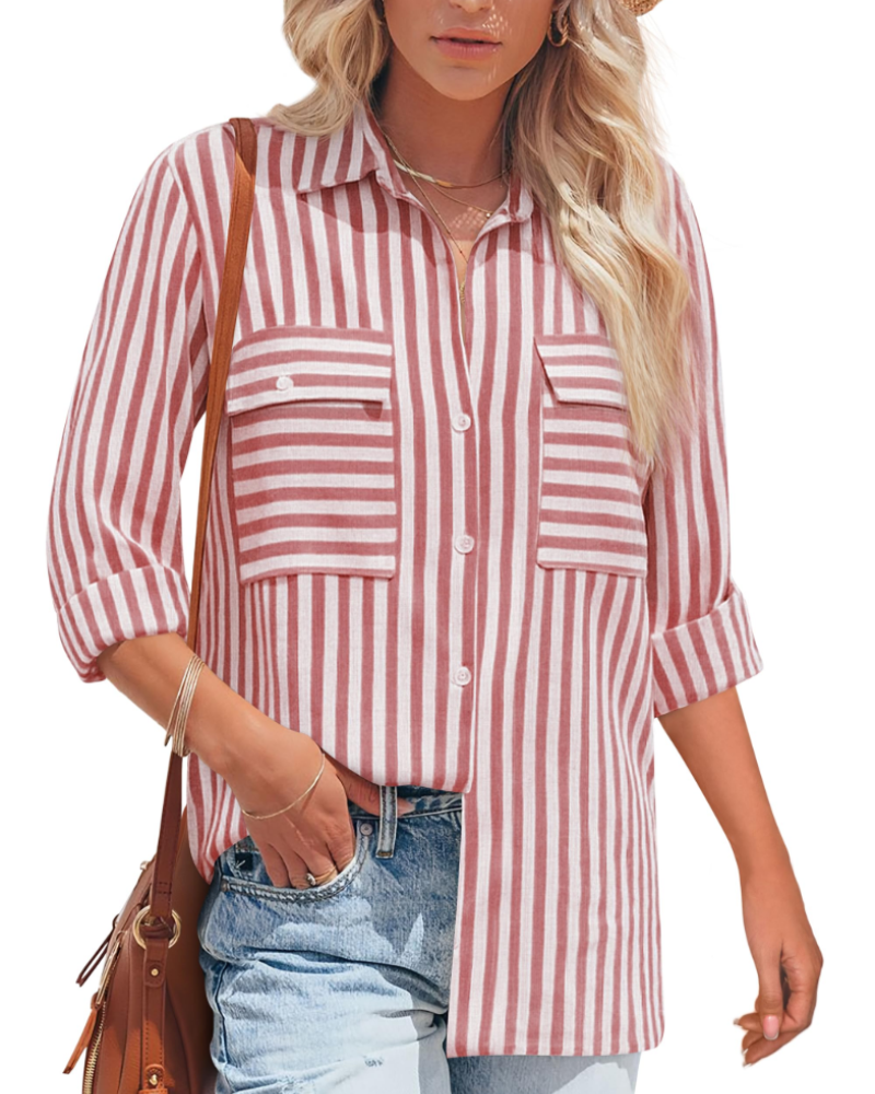 Mila Blouse Femme – Rayée Coton Col V Boutonnée Manches Longues
