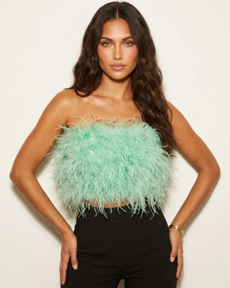 Calista női top – Pánt nélküli tollas bandeau top, elegáns szabás estélyekre