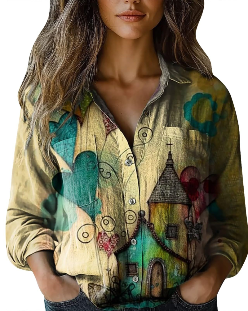 Amelia Blouse Femme Été – Lin Fleuri Col V Boutonnée Manches Longues