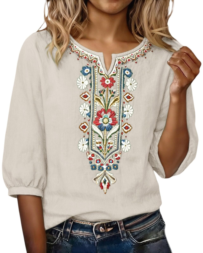 Sarah Blouse Femme Été – Lin Coton Broderie Florale Col V