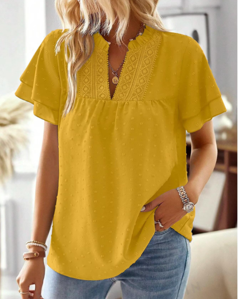 Maya T-Shirt Femme Été – Col V Dentelle Crochet Manches Courtes