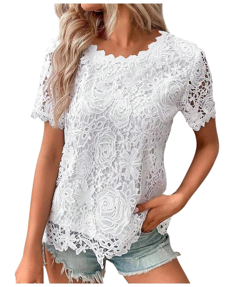 Sophie Blouse Femme Été – Dentelle Col Rond Manches Volantées