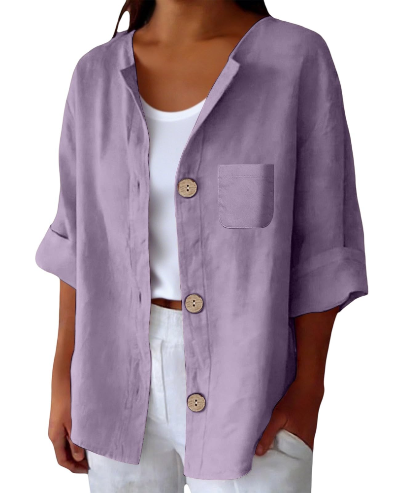 Claire Blouse Femme – Lin Col Rond Manches 3/4 Boutonnée & Poche