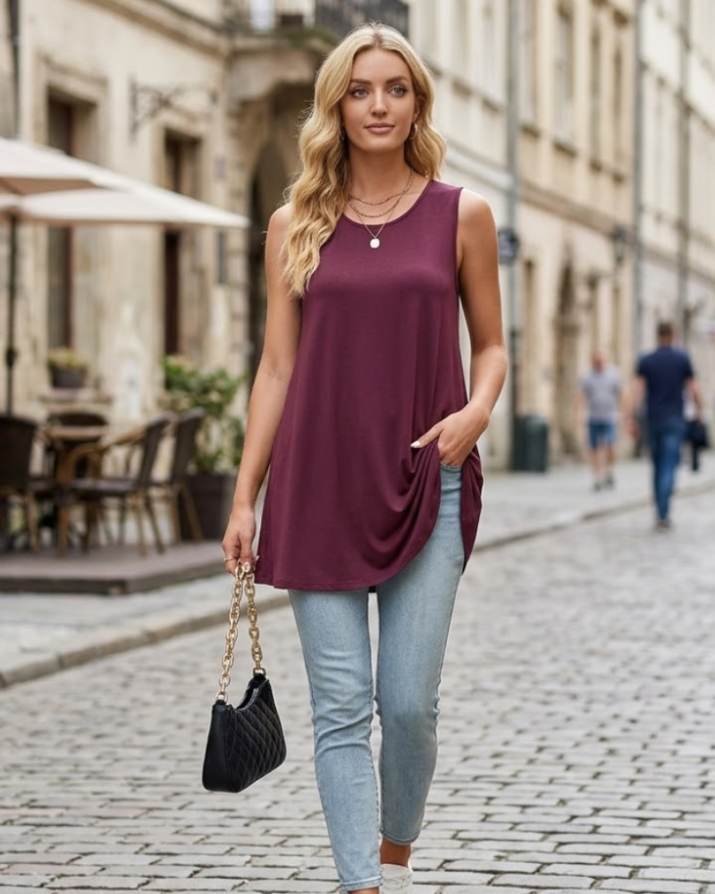 Lucien Women's Tunic – Long Flowing Top with Bohemian Print and Round Neck