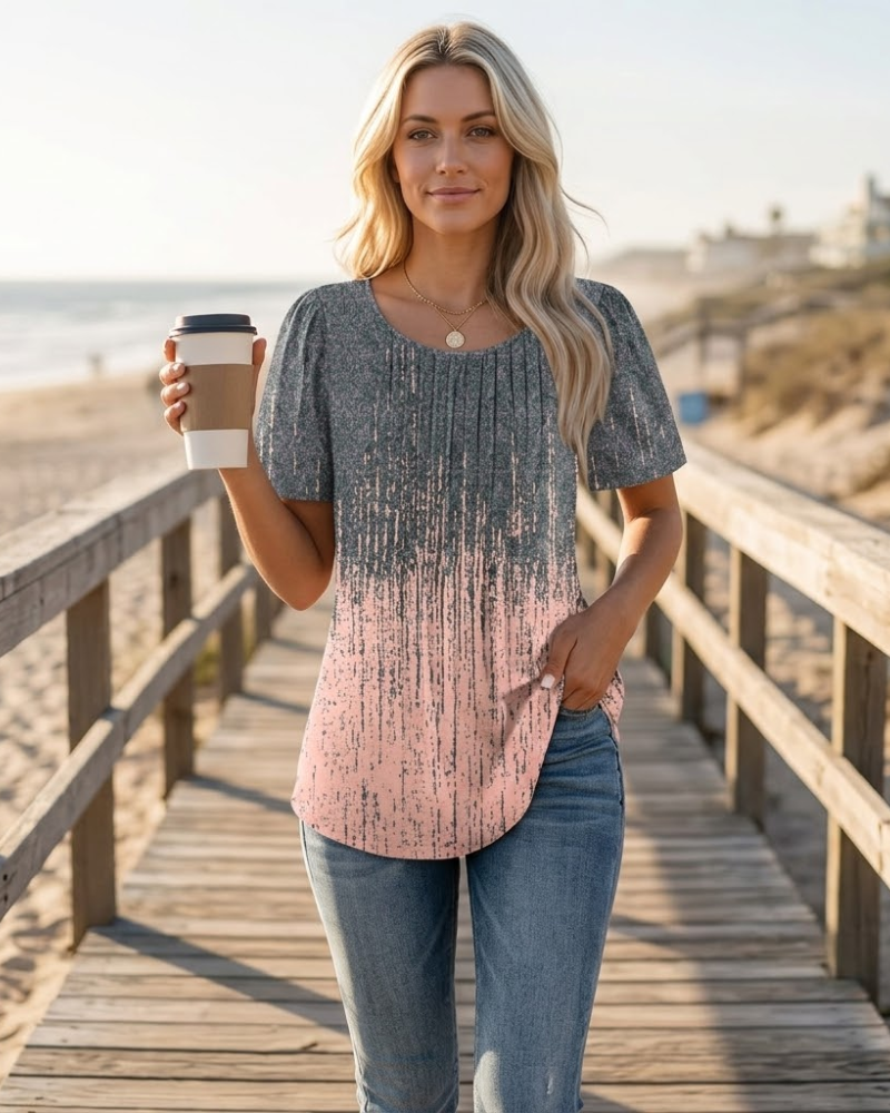 T-shirt Sophie Mulher – Top Plissado Gola Redonda Mangas Curtas Elegante Túnica