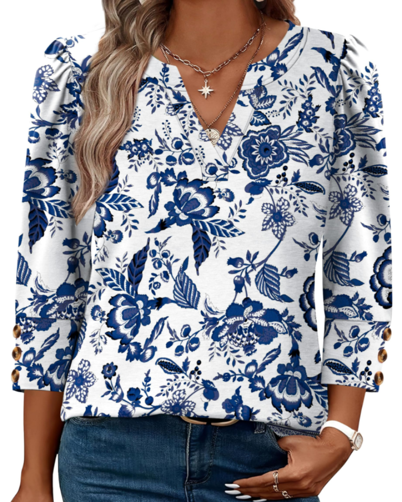 Damenbluse Claire mit V-Ausschnitt – Elegante 3/4-Ärmel & Knopfdetails
