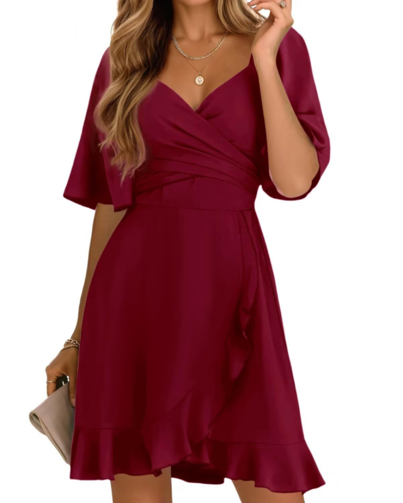 Lysiane Women’s Wrap Dress – Short V-Neck Dress with Smocked Waist and Ruffles