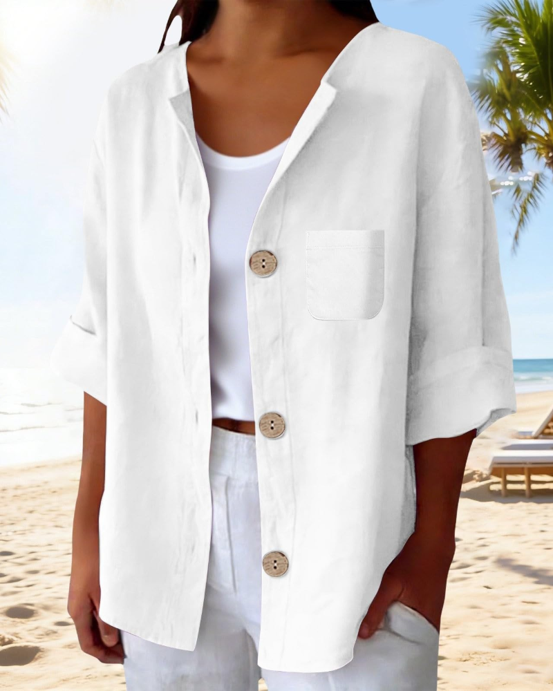 Claire Blouse Femme – Lin Col Rond Manches 3/4 Boutonnée & Poche