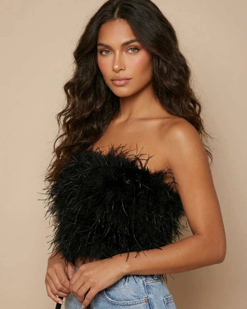 Calista női top – Pánt nélküli tollas bandeau top, elegáns szabás estélyekre