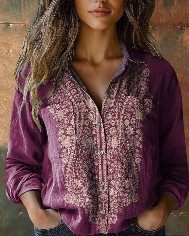Amelia Blouse Femme Été – Lin Fleuri Col V Boutonnée Manches Longues