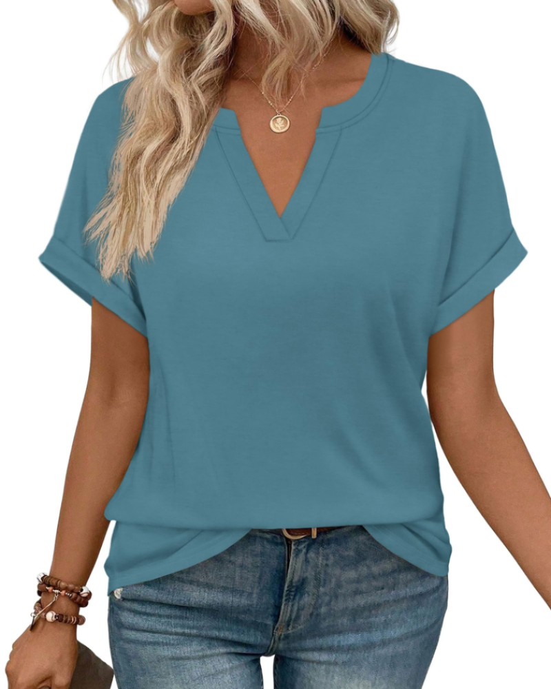 Ivy Bluse Damen V-Ausschnitt – Leichtes Tunika-Oberteil mit kurzen Ärmeln und eleganten Umschlägen