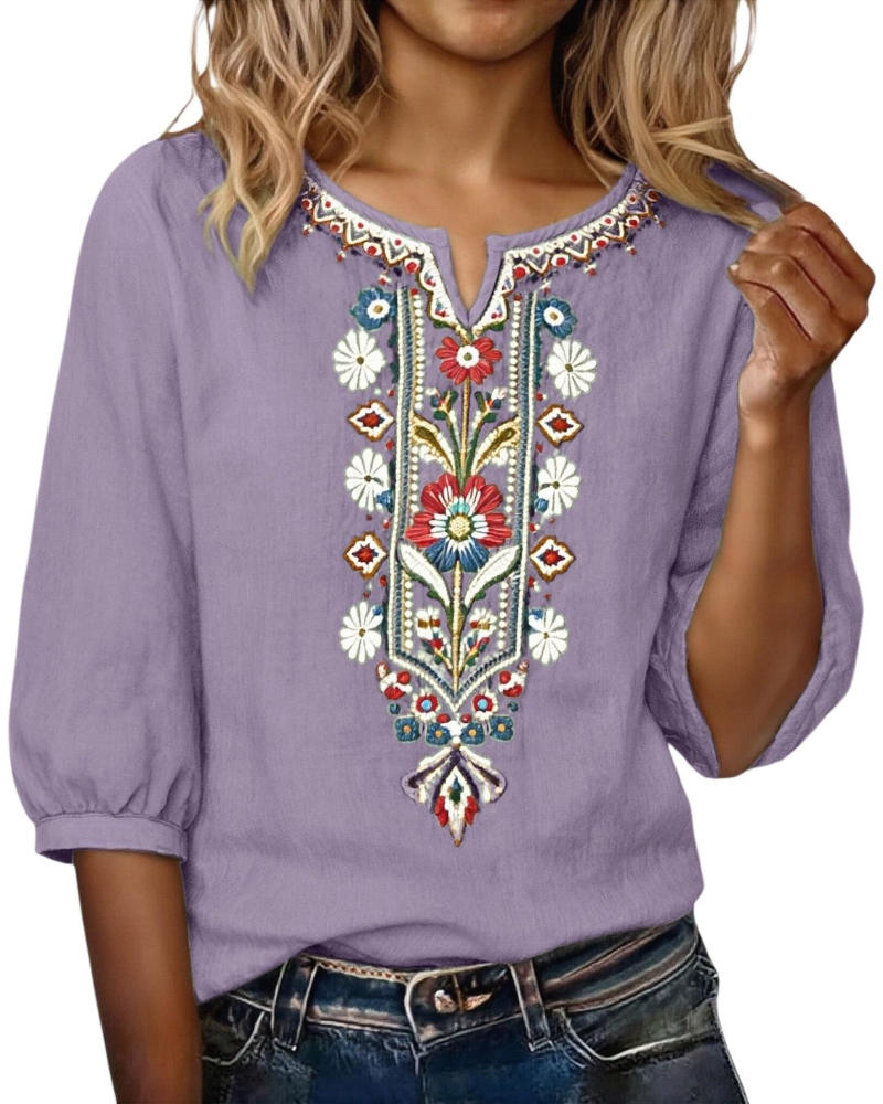 Sarah Blouse Femme Été – Lin Coton Broderie Florale Col V