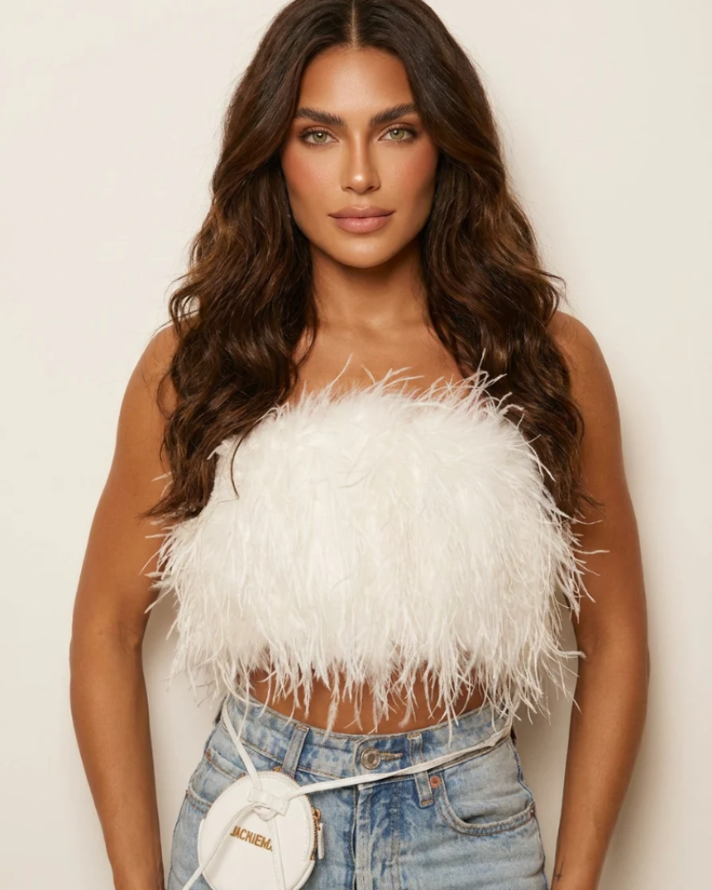 Calista női top – Pánt nélküli tollas bandeau top, elegáns szabás estélyekre