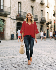 Blusa Ghia Mulher Verão – Decote em V Mangas Sino 3/4 Malha Elegante