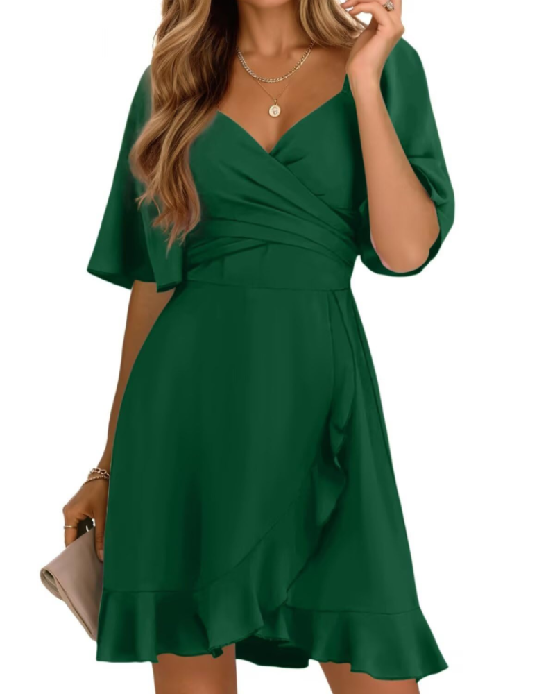 Lysiane Women’s Wrap Dress – Short V-Neck Dress with Smocked Waist and Ruffles