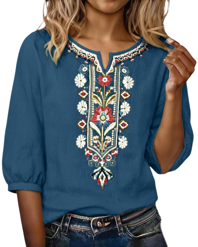 Sarah Blouse Femme Été – Lin Coton Broderie Florale Col V