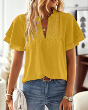 Maya T-Shirt Femme Été – Col V Dentelle Crochet Manches Courtes