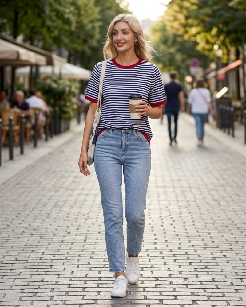 Sofia T-Shirt Damen Sommer – Lässiges gestreiftes Oberteil mit Rundhalsausschnitt und kurzen Ärmeln aus fließendem Stoff