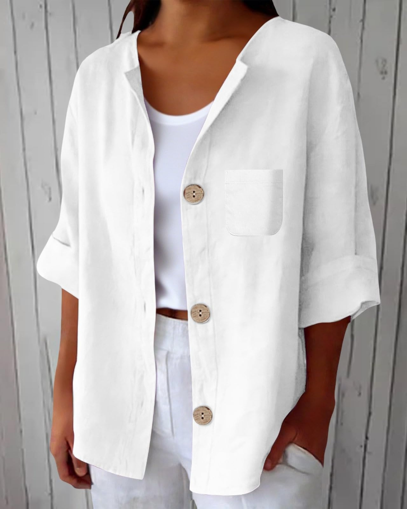 Claire Blouse Femme – Lin Col Rond Manches 3/4 Boutonnée & Poche