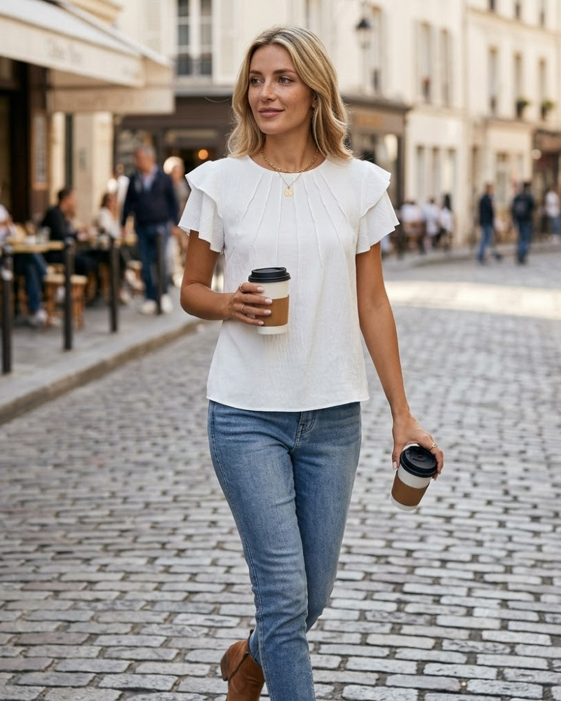 Sophie Blouse Femme Plissée – Top Col Rond Élégant Manches Volants Chic