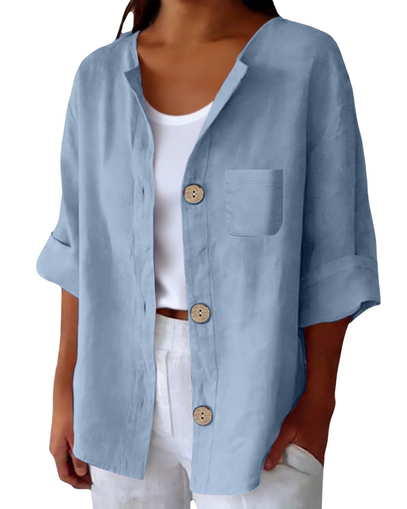 Claire Blouse Femme – Lin Col Rond Manches 3/4 Boutonnée & Poche
