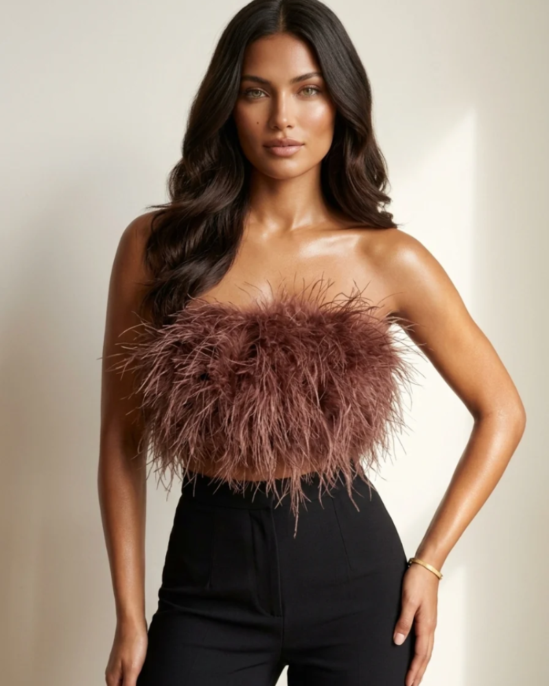 Calista női top – Pánt nélküli tollas bandeau top, elegáns szabás estélyekre
