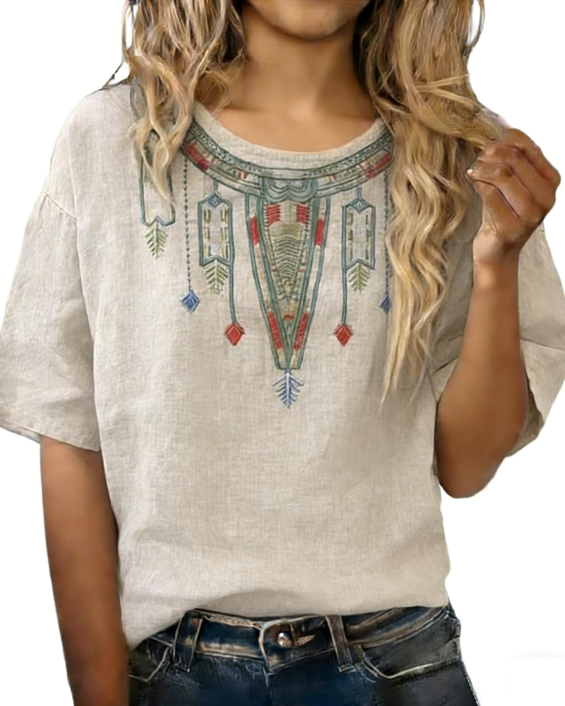 Sarah Blouse Femme Été – Lin Coton Broderie Florale Col V
