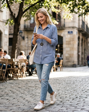 Charlotte Blouse Femme Été – Carreaux Col V Boutonnée Manches Longues