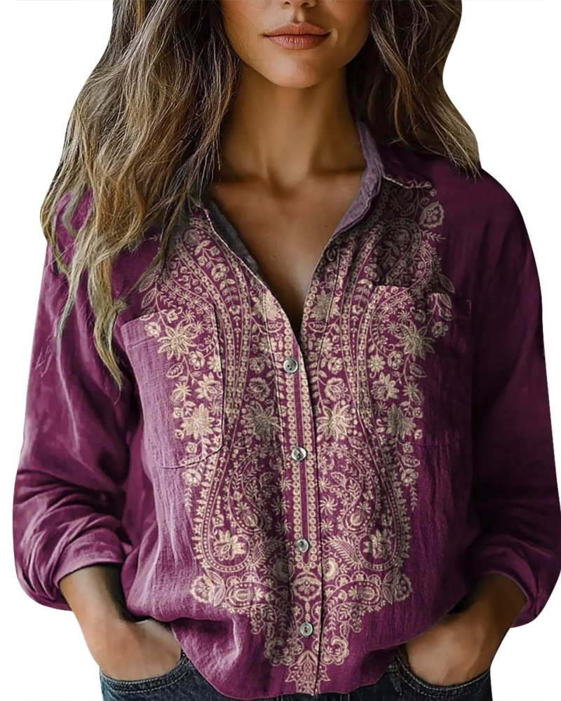 Amelia Blouse Femme Été – Lin Fleuri Col V Boutonnée Manches Longues