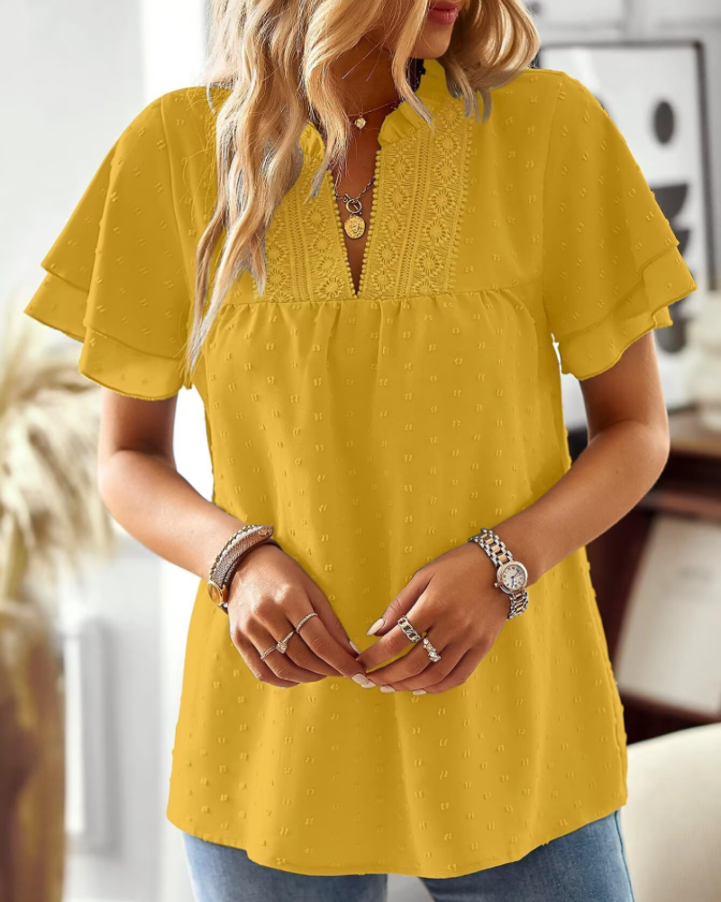 Maya T-Shirt Femme Été – Col V Dentelle Crochet Manches Courtes