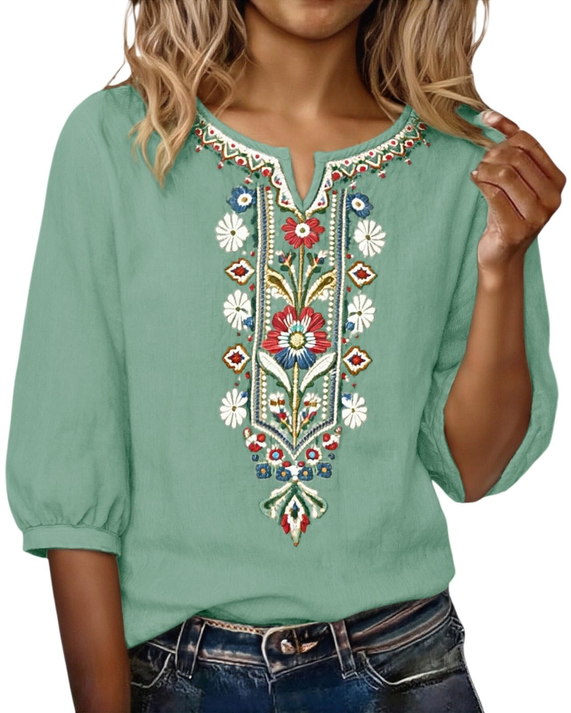 Sarah Blouse Femme Été – Lin Coton Broderie Florale Col V