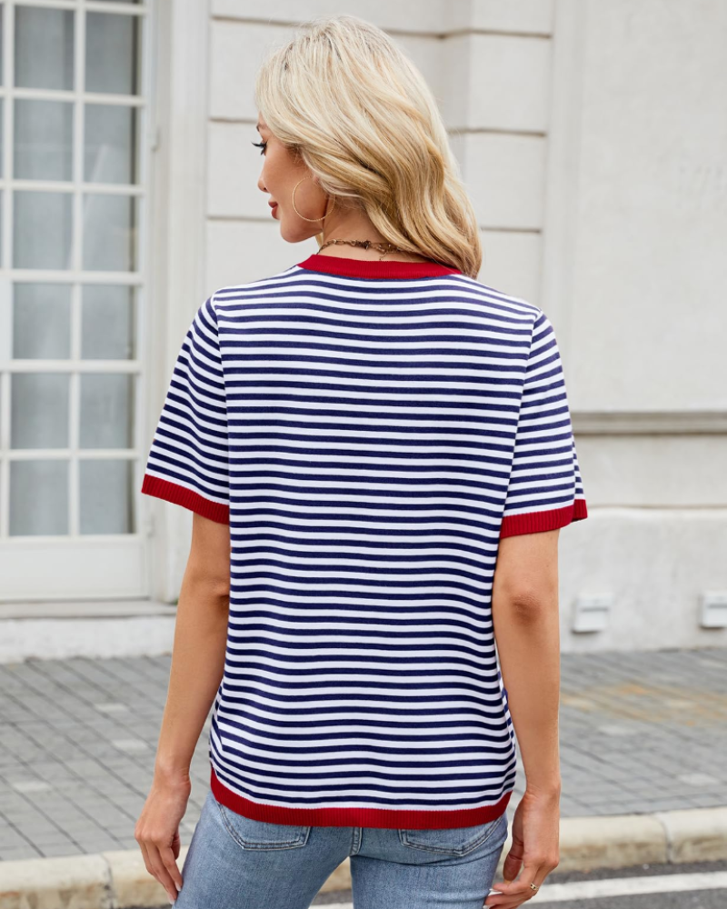 Charlotte Haut Maille Rayé Femme – T-Shirt Col Rond Léger à Manches Courtes
