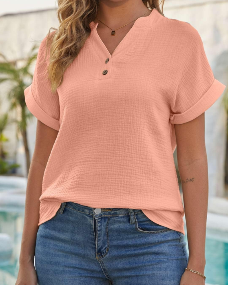 Olivia Blouse Femme Été – Lin Coton Col V Boutonnée Manches Courtes
