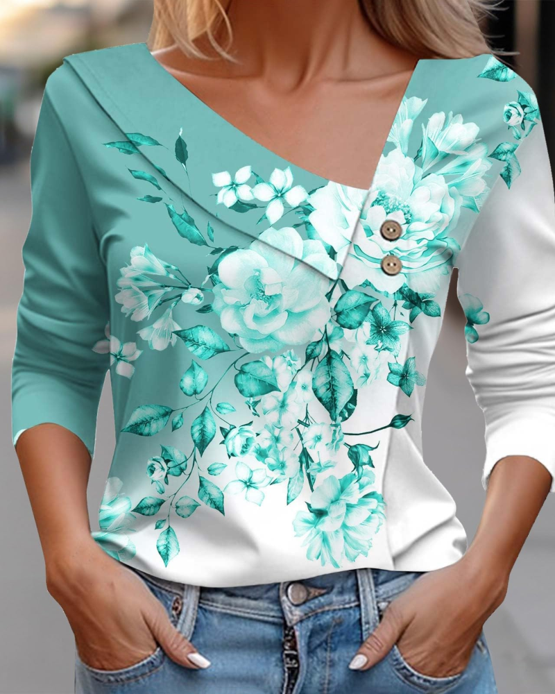 Emily T-Shirt Femme Été – Col V Imprimé Manches Longues Léger