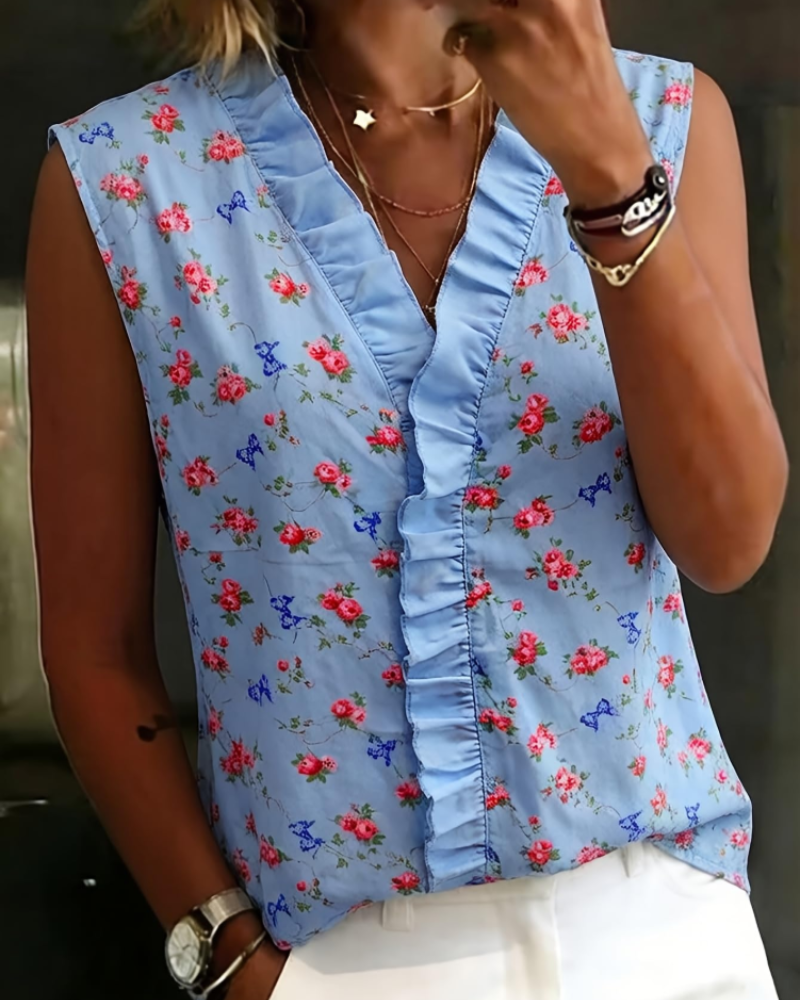 Farren Women's Floral Shirt – V-Neck Blouse with Ruffles and Off-Shoulder Design