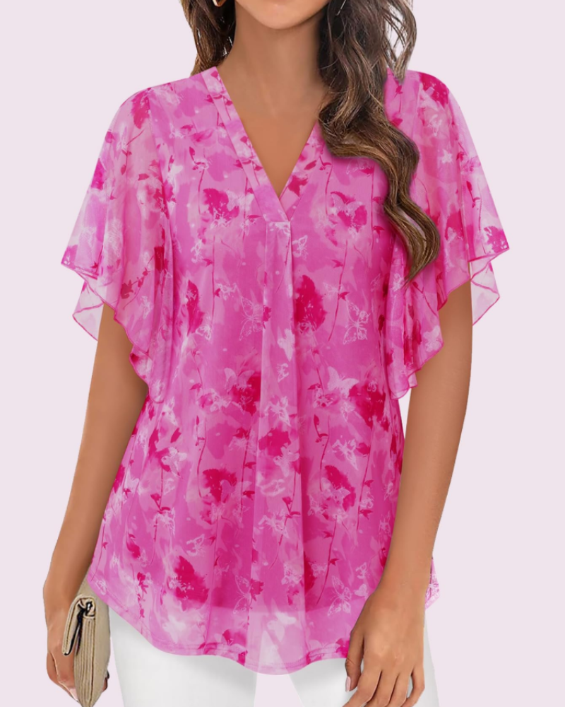 Fallyn Women's Knit Shirt – Double-Layer V-Neck Blouse with Ruffled Sleeves