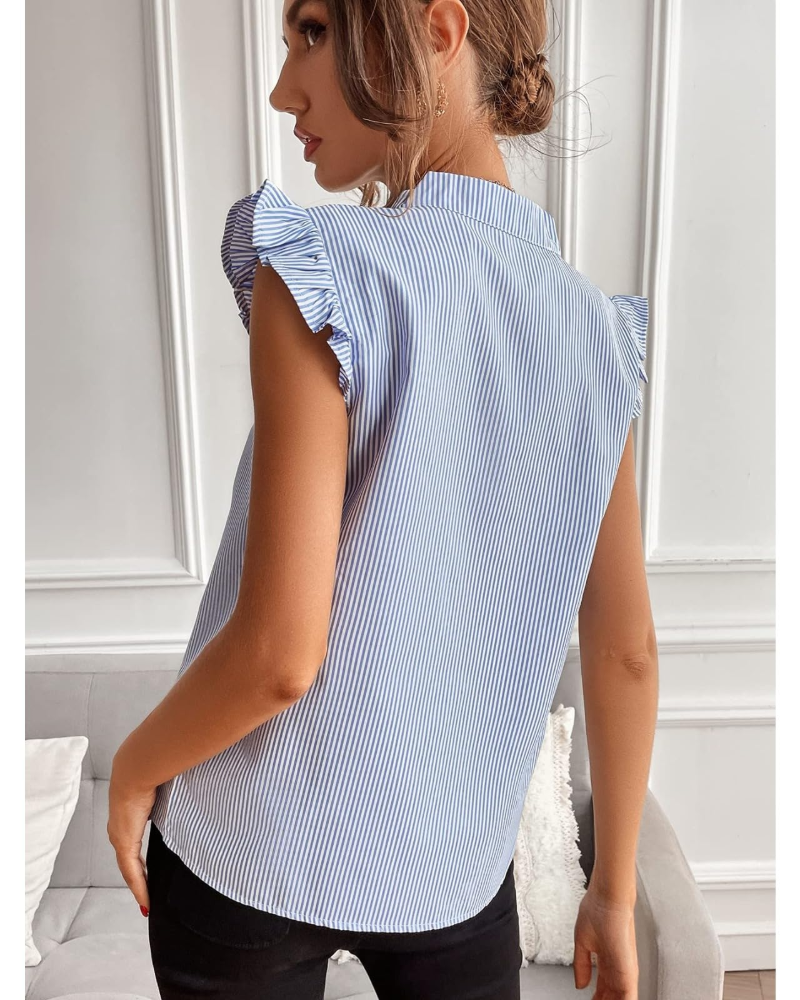 Bahsira Chemisier Rayé Femme – Blouse à Volants Col U Manches Courtes