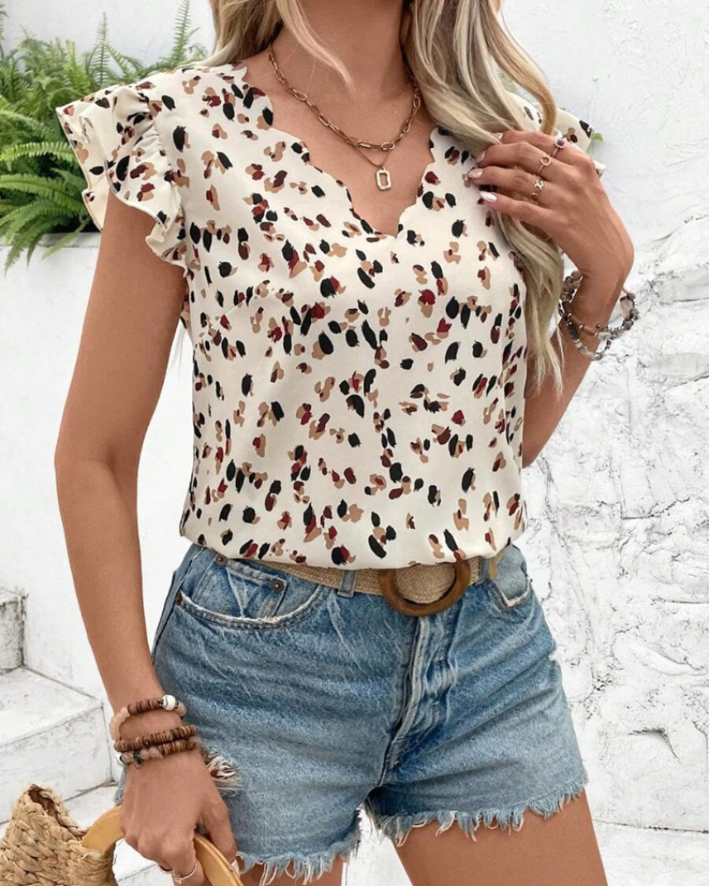 Blusa de mujer Freesia con borde festoneado – Blusa con cuello en V y volantes, mangas abullonadas
