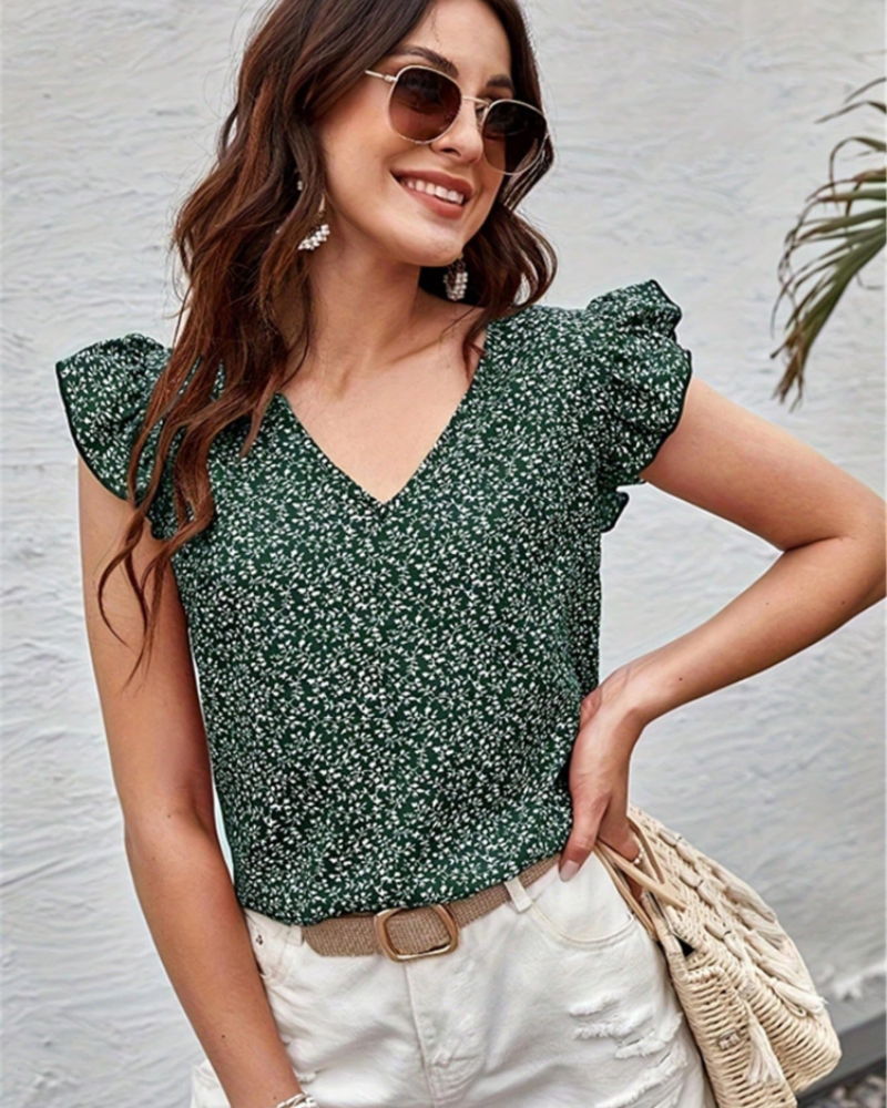 Filomena Women's Floral Chemisier – Lightweight V-Neck Blouse with Flared Sleeves