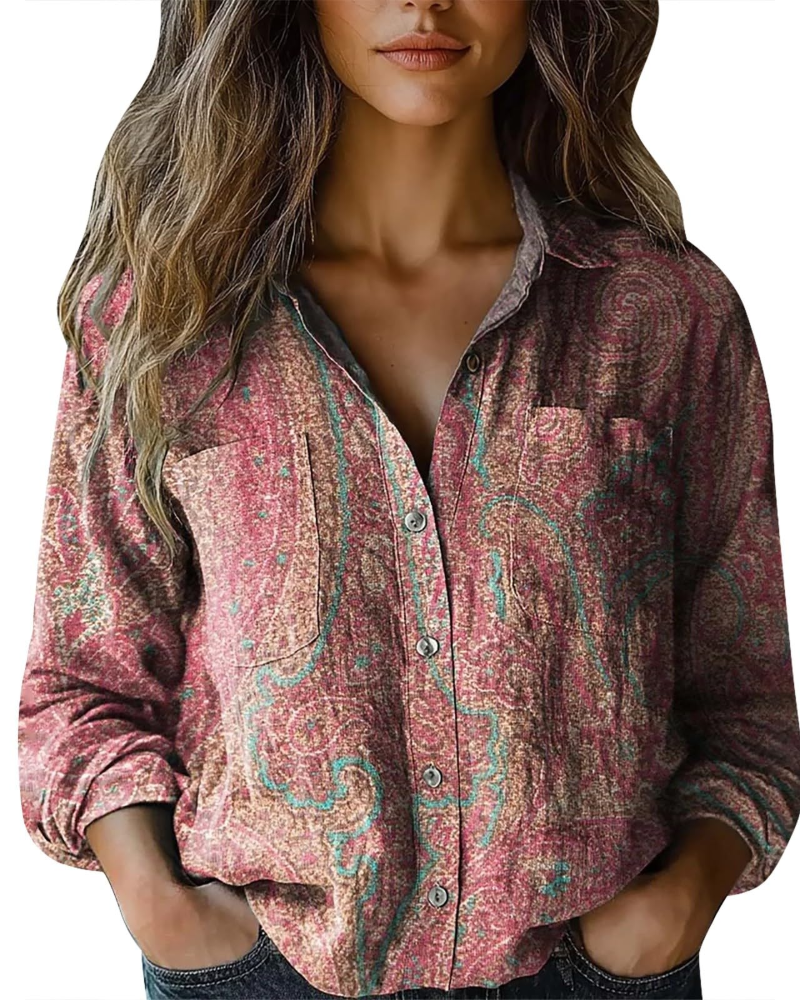 Amelia Blouse Femme Été – Lin Fleuri Col V Boutonnée Manches Longues