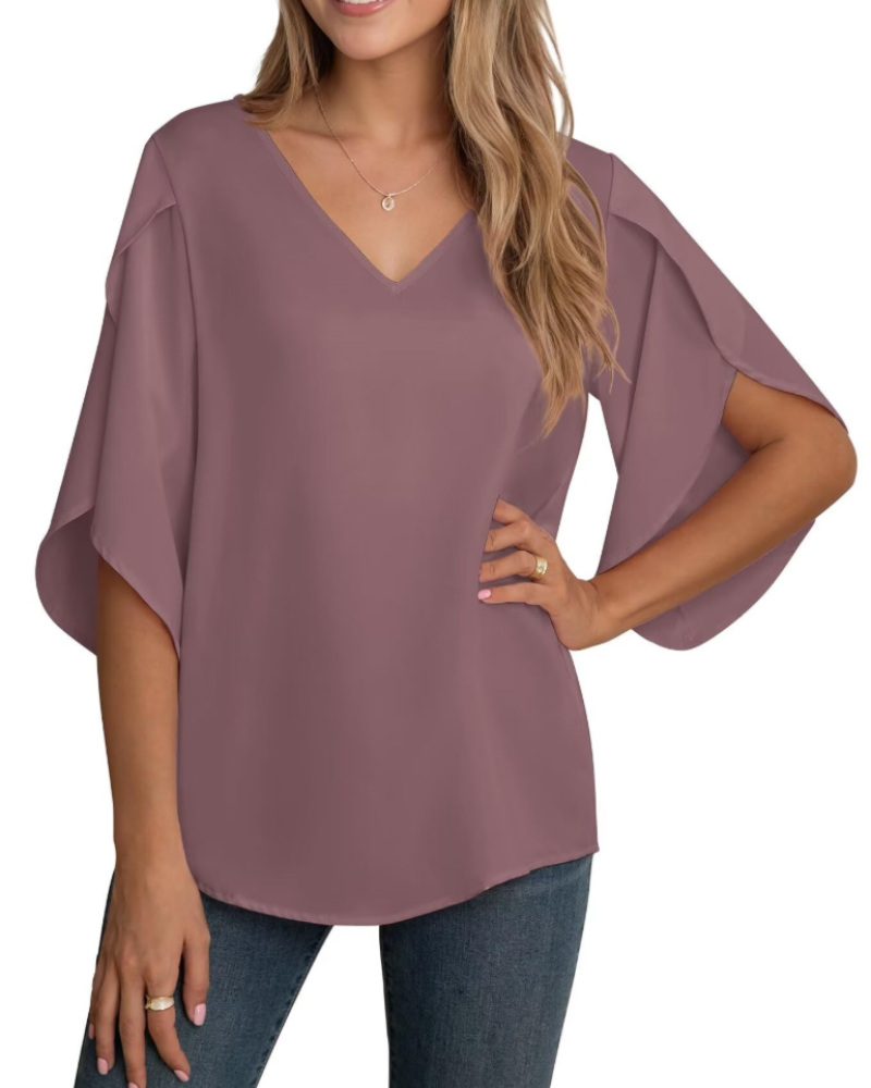 Lucy Bluse Damen – V-Ausschnitt Chiffon mit 3/4-Ärmeln und Schlitzen