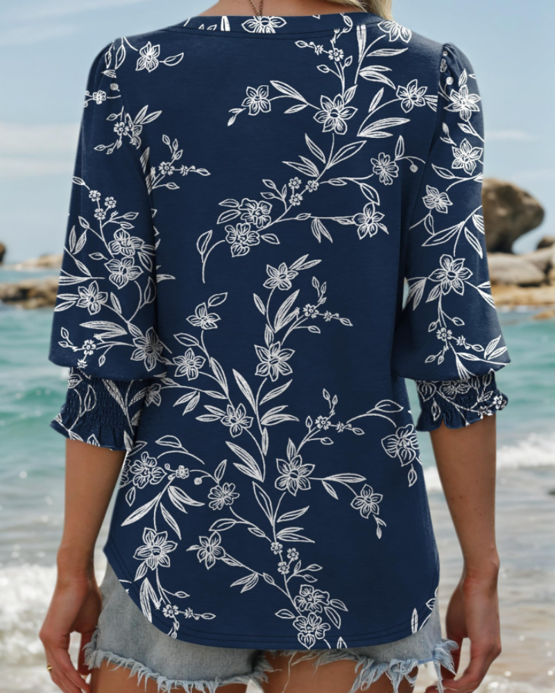 Audrey Damenbluse mit V-Ausschnitt – Elegante Bluse mit 3/4-Ärmeln und gerafften Manschetten