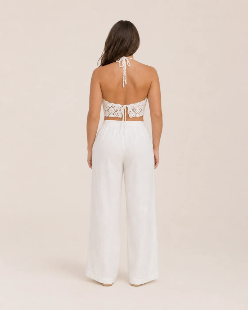 Γυναικείο Τοπ Bailey Top Crochet – Λευκό Crop Top με Λαιμόκοψη Halter και Ρυθμιζόμενη Πλάτη σε Μποέμ Στυλ
