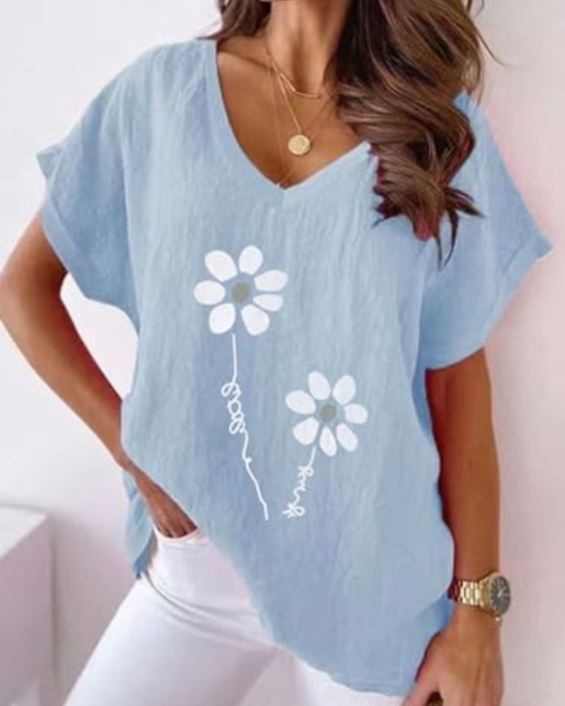 Bellina Women's Floral Shirt – Summer Loose Fit V-Neck Daisy Print Blouse