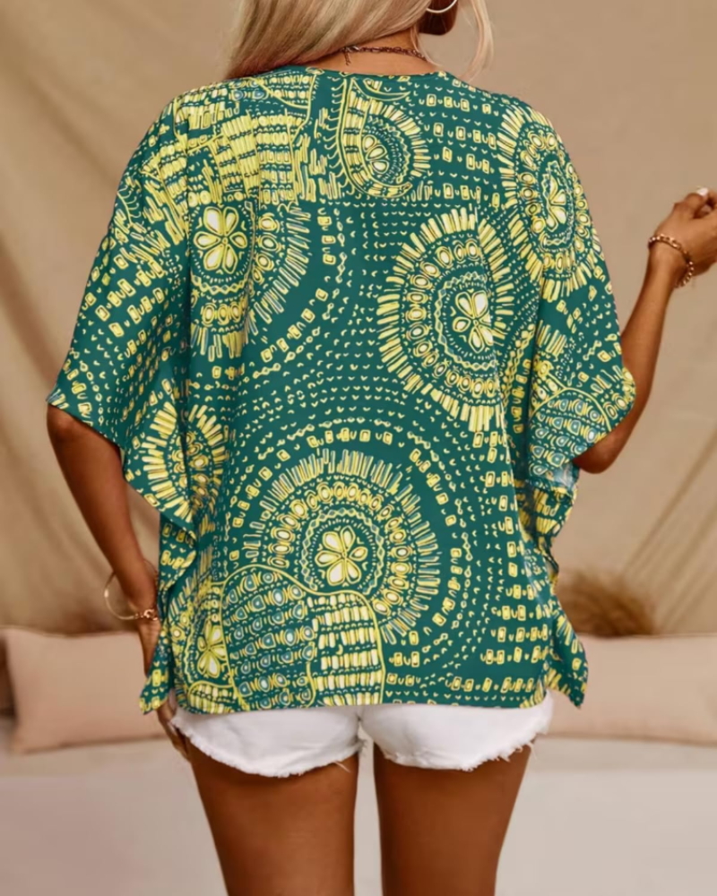 Benicia Dámská tunika Oversize – Boho halenka s výstřihem do V a etnickým potiskem