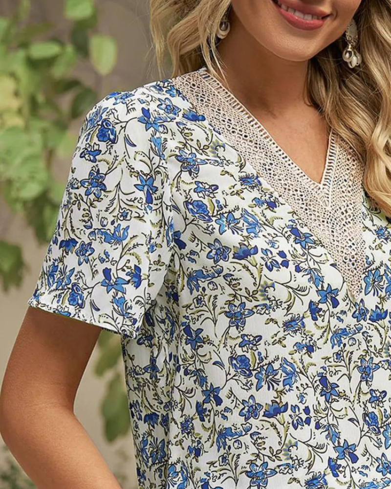 Faline Blusa de Gasa para Mujer – Blusa Floral con Cuello en V y Encaje