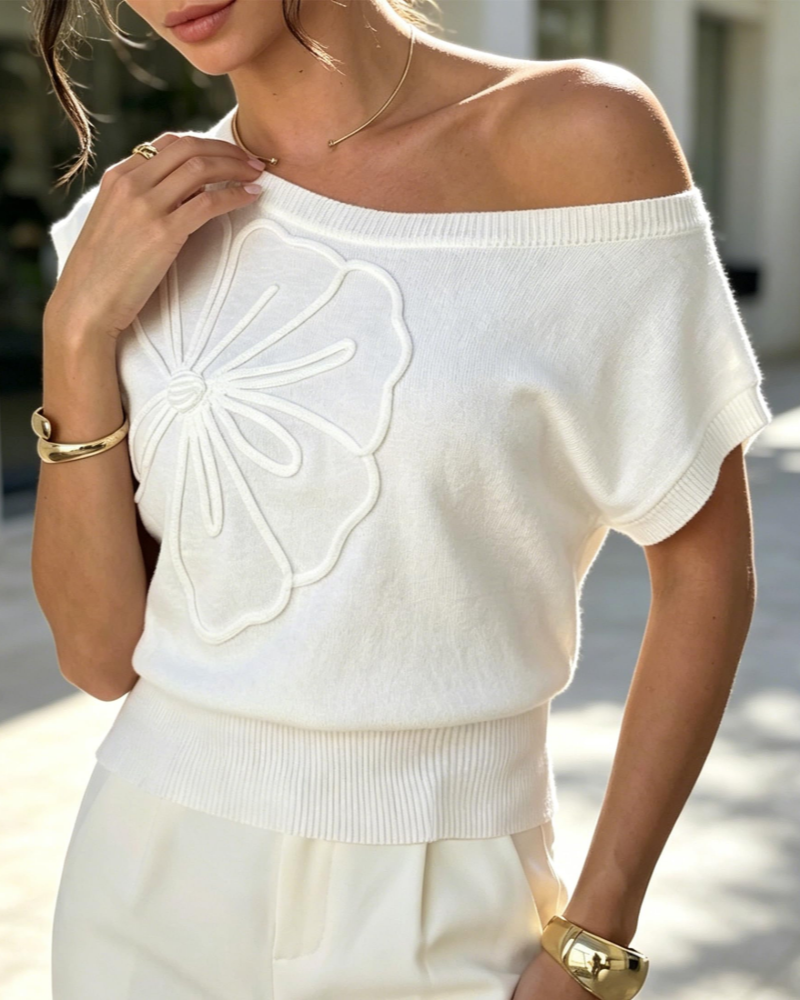 Bevin Haut Maille Femme – Top Court Une Épaule à Manche Chauve-Souris Fleurie