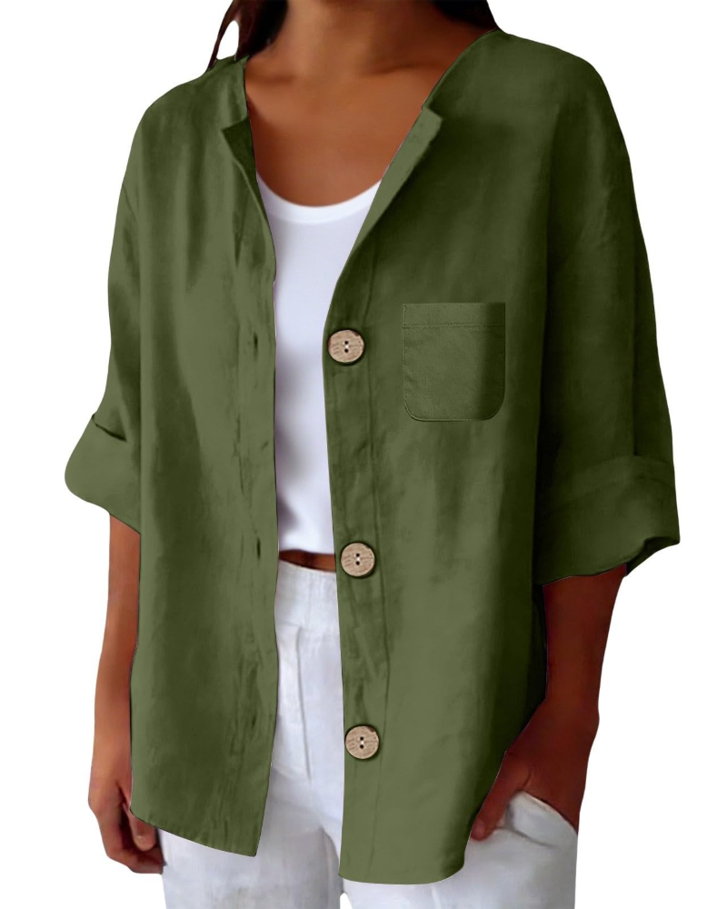 Claire Blouse Femme – Lin Col Rond Manches 3/4 Boutonnée & Poche