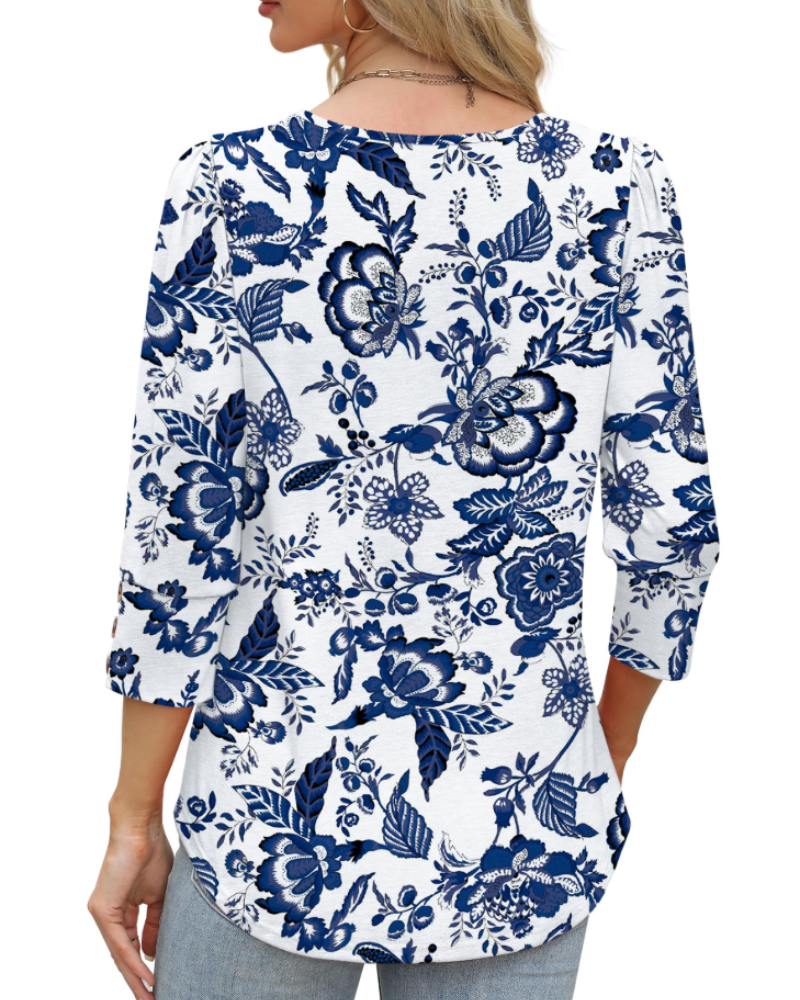 Damenbluse Claire mit V-Ausschnitt – Elegante 3/4-Ärmel & Knopfdetails