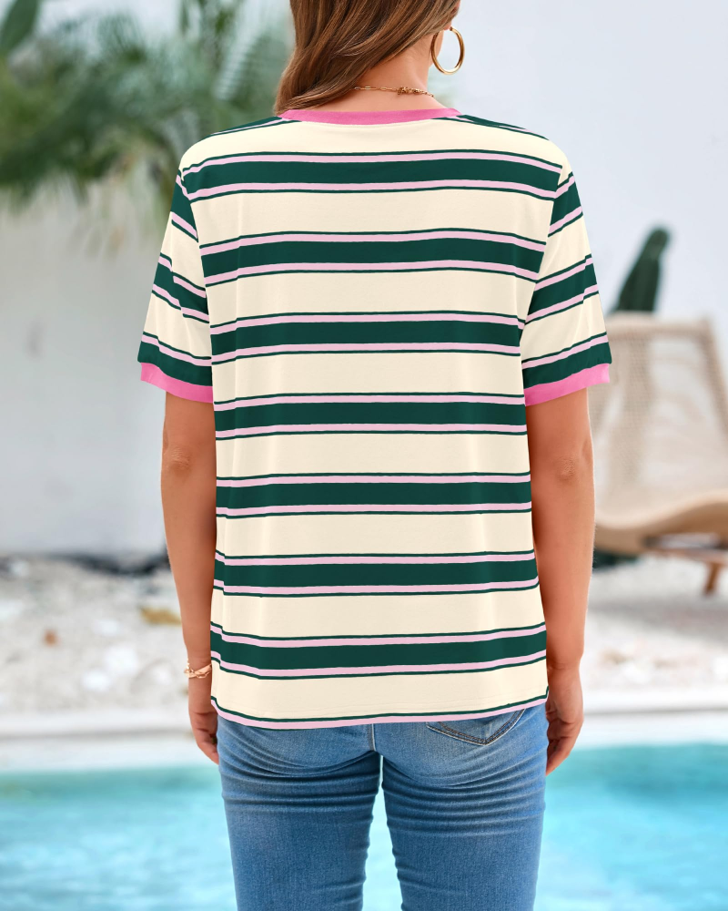 T-shirt Donna Aurora a Righe – Maglia Casual a Maniche Corte con Collo Rotondo e Color Block